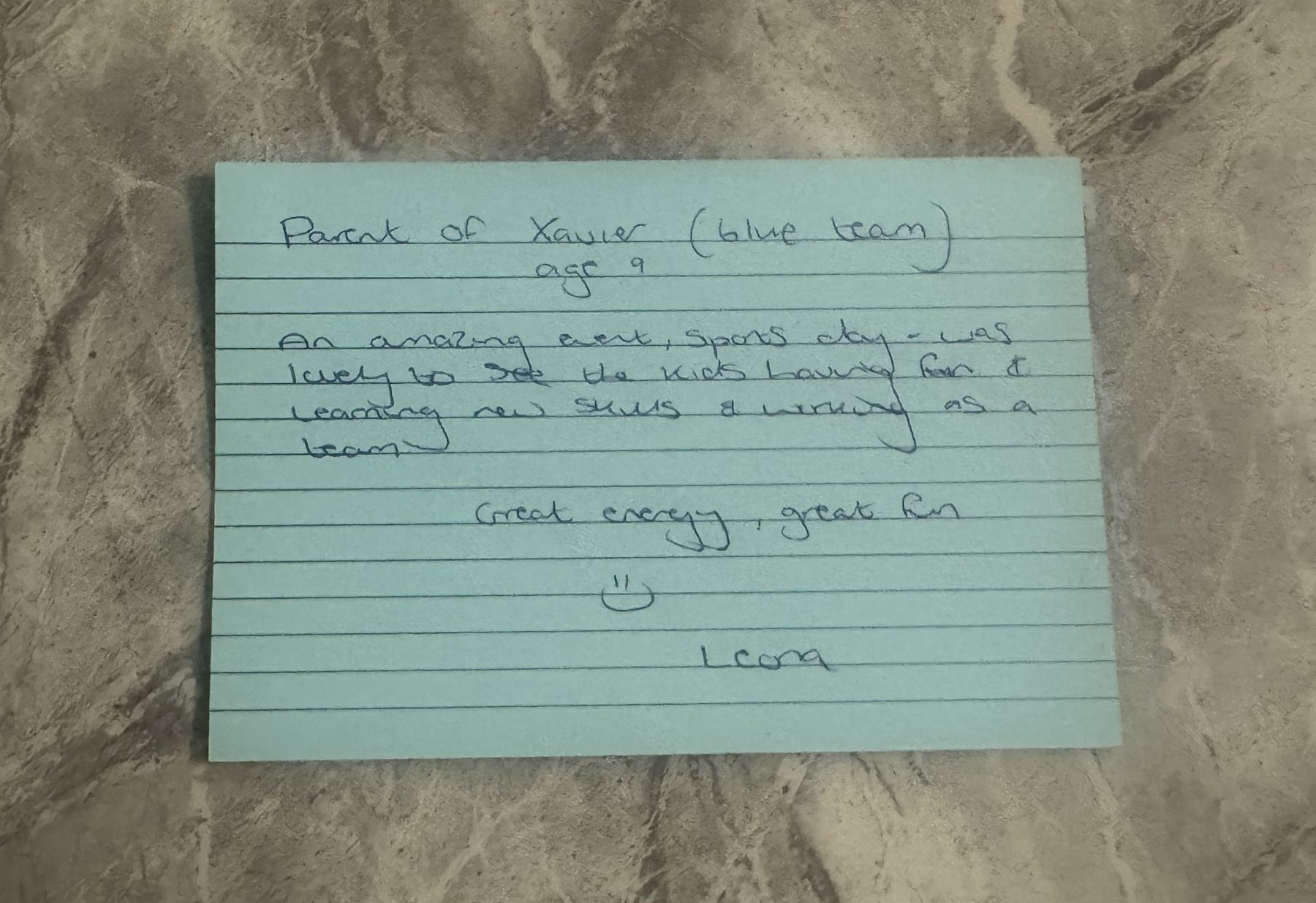 Handwritten feedback card: An amazing event, sports day — was lovely to see the kids having fun, learning new skills and working as a team. Great energy, great fun.