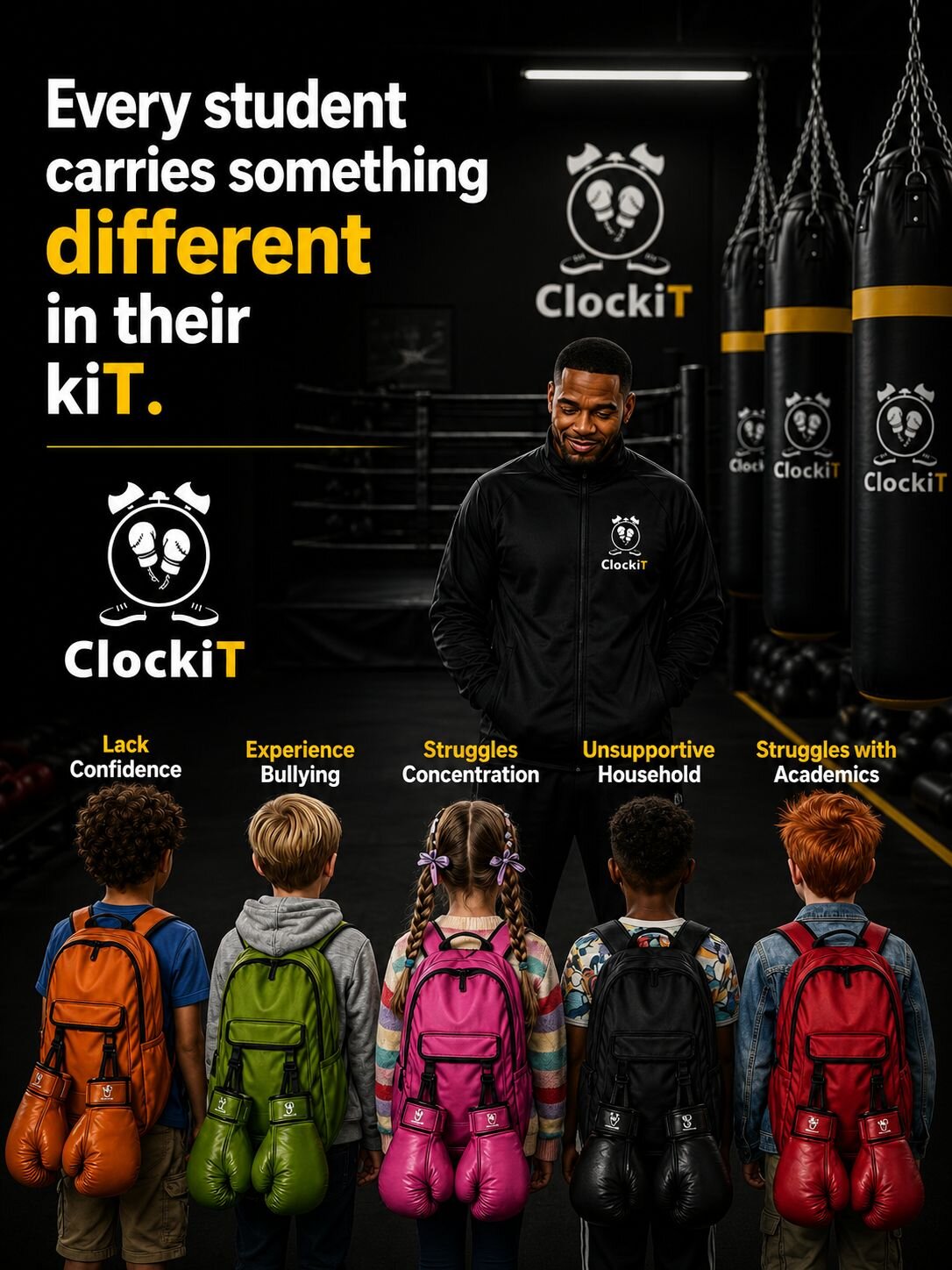 ClockiT campaign artwork — every student carries something different